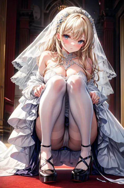 Wedding Dress　miniskirt　pantyhose　high heels　woman　 crouching　 open　panties　piss