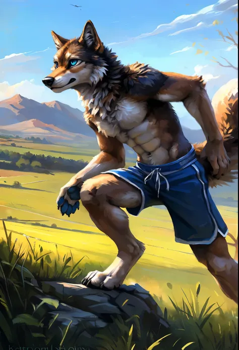 ((Solo)), male people, anthro wolf, (Multi-colored fur, White-brown:1.3，White tail pointed), (Height 2.1m,Tail length 1.2m), ((Wolf face, Big eyes, White eyelids, Blue pupil, Slim:1.2) (Tough, Calm expression:1.2)), Abs, Slim, pinging)), (Correct anatomy),...