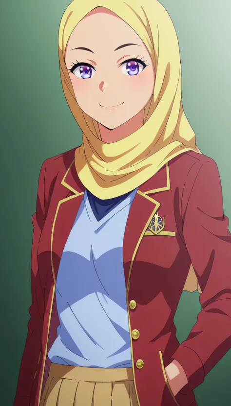 score_9, score_8_up, score_7_up, solo, 1girl, source_anime, keikaruizawa, kei Karuizawa, violet eyes, skirt, shirt, school uniform, jacket, red jacket, sweater, blue shirt, looking at viewers, cowboy shot, half body, warm smile, yellow hijab, bald forehead...