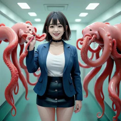 Best Quality、masterpiece、SF, surreal, Girl attacked by slime、 full body photo, Tentacles in front of your eyes、tentacles in front of your face, Tentacles stretching towards the girl,  tentacles, (white shirt、miniskirt、Navy Blue Jacket), big breasts, (( Lay...