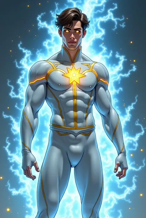 “Full Body. A Teleporting Magic-powered 25-year-old Caucasian, Olive-toned White male Hero in a white skin-tight muscle-defining outfit with gold metal details and sky-blue inclusions. He is creating Gold magic spheres with around his hands. A sky-blue ene...