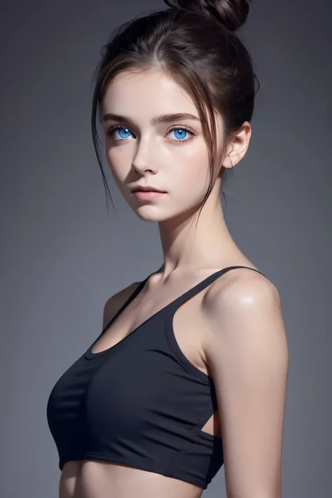 Tight black top:1.2, looking at the audience, Cinema lighting, perfect, soft light, High resolution skin:1.2, Realistic skin texture, 18 years old、a small face、No makeup，Off the shoulders，Bust C cup、blue eyes, bun, dark brown hair、Completely naked、gray bac...