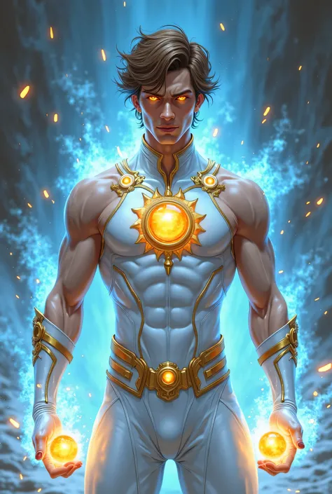 “Full Body. A Teleporting Magic-powered 25-year-old Caucasian, Olive-toned White male Hero King in a slimming, white, skin-tight muscle-defining outfit with gold metal details and sky-blue inclusions. The outfit is sleeveless, with a Gold metal Sun symbol ...