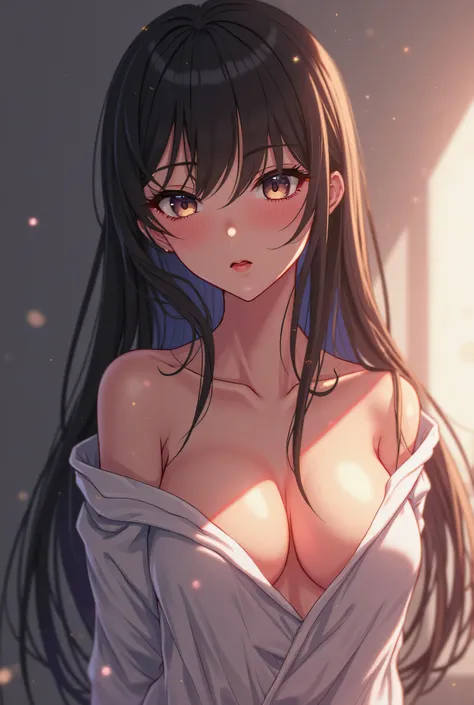 an anime girl very beatiful she is half naked one breast of her is opened and the shirt got soaked and shes lip is in her mouth