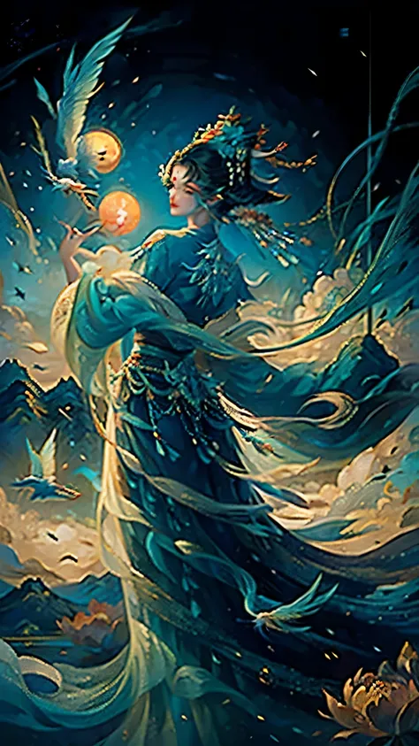 official art，Chinese goddess，Stand in the midst of a magnificent landscape，The sun overhead，Dressed in gorgeous fairy outfits，Fold your hands，Overlooking the mountains，The lake is turquoise。Birds sing，Flowers bloom，（Extremely detailed：1.4），tmasterpiece，sup...