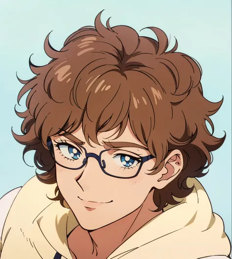 1 man, male, solo, ager, short hair length, (wavy curly hair), messy hair, brown hair color, blue eye color, smiling,  wearing glasses, anime style, 90s anime style, retro style, simple white background