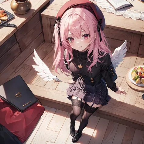 masterpiece, best quality, ultra high-res, ((Angel girl)), (pink hair:1.2), (red eyes:1.2), twin-tails, angel wings, delicate hair, determined delicate eyes, cute girl, living room, night, interior, (burgundy velvet beret with black ribbon decoration:1.3),...