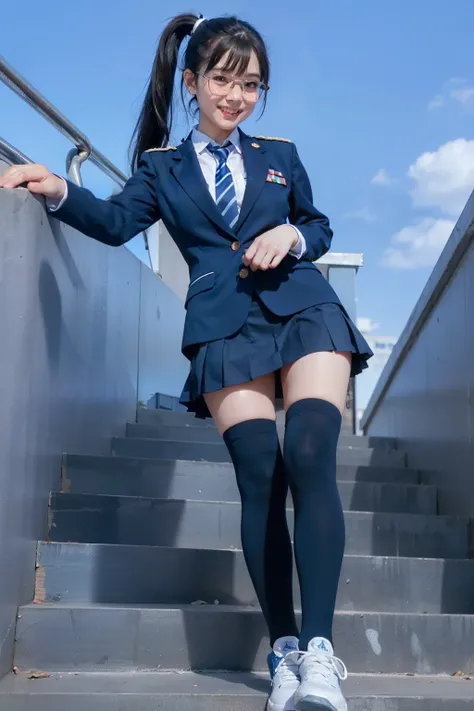 Blue sky background,The front of a  girl in uniform standing on a concrete staircase and looking down at me,((navy blue knee-high socks)),from below,navy blue pleated miniskirt,navy blue blazer,blue tie,navy blue pleated miniskirt,Sneakers, beautiful feet,...