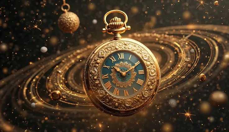 A highly detailed digital artwork, 1980x1080 pixels, showing a central antique gold pocket watch, floating in a dark cosmic space-time void. The watch is open, showing a Roman numeral dial, with hands pointing to 11:55. The outer case is engraved with intr...