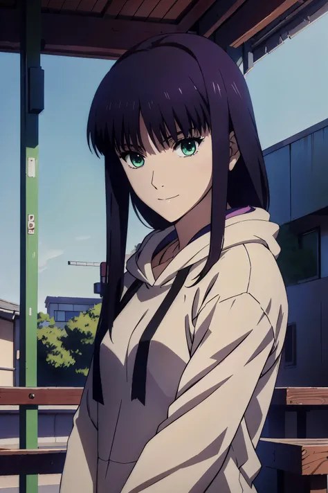 gentle expression,smile, Anime Girl in a black shirt and jeans standing on a balcony, Also, Another Iwakura, Anime Moe-style , casual pose , cyberpunk Anime Girl in hoodie, maAlso kitagawa fanart, Anime Girl , Stay Laid-Back and Cool , Cute Girl Anime ...