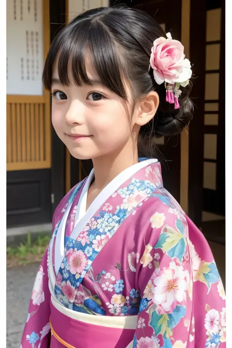 A beautiful elementary school student,  one , Floral pattern on kimono 、Bust、I&#39; drinking tea and relaxing 、Best Quality、Hair is black、smile, I'm drinking steaming greentea,bust up, Cherry blossoms in the background , squats,Tight lower body,looking at ...