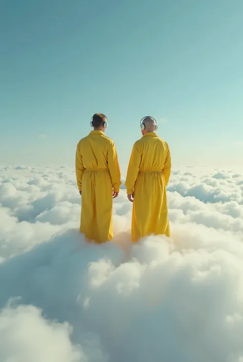 two men in yellow robes standing on a sky covered with clouds,  in a cloud , 4k frame of Breaking Bad,  sylvain Sarrailh and Igor Morski , by Mike Winkelmann, Rob Gonsalves and Tim White, de pie  in a cloud , Clemens Ascher, with white headphones listening...