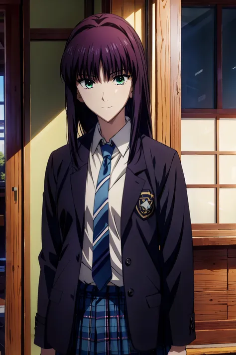smile face, blazer uniform,赤 purple hair, green eyes , eyes like jewels, 超 Hi-Res, ((( green eyes))),赤 purple hair, beautifulアニメ高校の女の子,( masterpiece:1.2, 最 high quality ), ( exists, photo exists:1.4), beautifulイラスト, ( natural light , Movie Screenplay ...