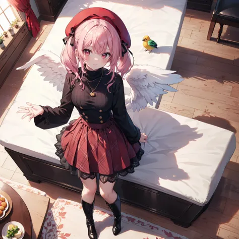 masterpiece, best quality, ultra high-res, ((Angel girl)), (pink hair:1.2), (red eyes:1.2), twin-tails, small breast:1.2, angel wings, delicate hair, determined delicate eyes, cute girl, living room, night, interior, (burgundy velvet beret with black ribbo...