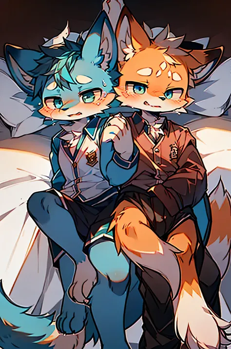   blue fur , dog,  fox motifs,  girl and boy couple , uniform,Cry together, bed, holding hands,cute 