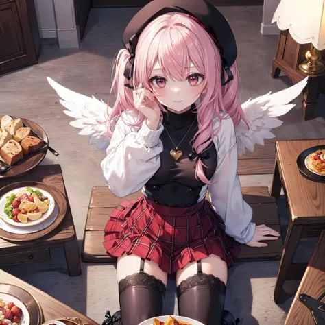 masterpiece, best quality, ultra high-res, ((Angel girl)), (pink hair:1.2), (red eyes:1.2), twin-tails, small breast:1.2, angel wings, delicate hair, determined delicate eyes, cute girl, living room, night, interior, (burgundy velvet beret with black ribbo...