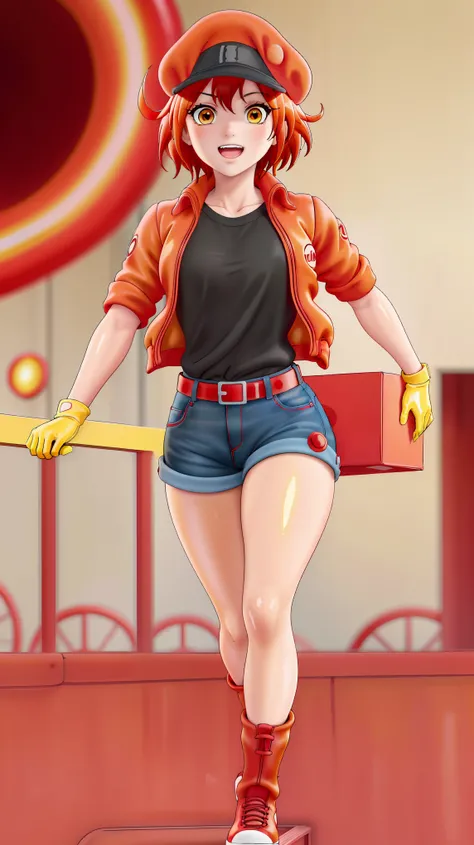 (((Top Quality))), ((Masterpiece)), ((Art)), (RAW Photo), (Shiny Skin), (Thick Thighs:1.2), (Vibrant Color:1.3), Ultra HD, High Resolution, Very High Resolution, Complex Grieble Pieces, Red Color Theme, Short Red Hair, (Yellow Eyes:1.3), Ahoge, Hair Betwee...