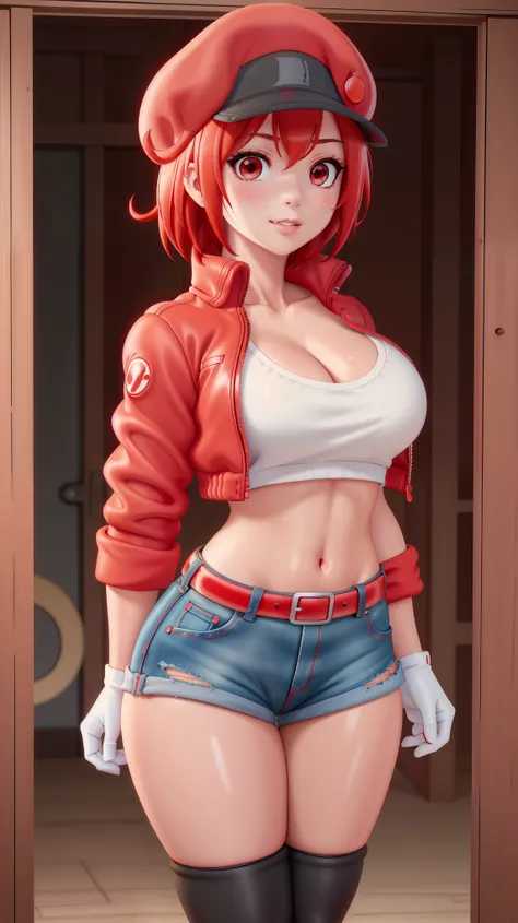 (((Top Quality))), ((Masterpiece)), ((Art)), (RAW Photo), (Shiny Skin), (Thick Thighs:1.4), (Vibrant Color:1.3), Ultra HD, High Resolution, Very High Resolution, Complex Grieble Pieces, Red Color Theme, Short Red Hair, (Red Eyes:1.3), Ahoge, Hair Between E...