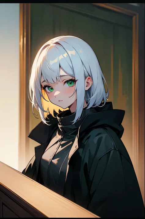 mksks style, masterpiece, best quality, ultra-detailed, illustration, upper body, 1girl, cool, white hair, medium hair, green eyes, ((black coat)), indoors, dimly lit

