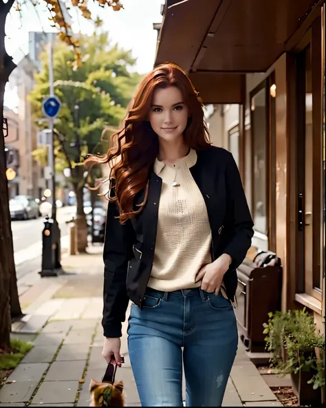 wavy auburn hair.  Walking a dog outside.  Early Spring day.  jacket and jeans.