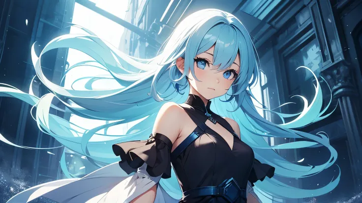 Anime girl character with blue flowing hair, blue eyes and wearing a dress, with a background