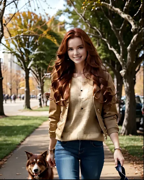 wavy auburn hair.  brilliant smile. Walking a dog outside.  Early Spring day in the park.  jacket and jeans.