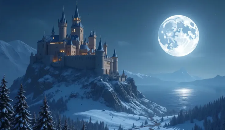 castle on the top of the mountain,  at night,  over the light of the full moon , It snowed on the castle, sea in the background