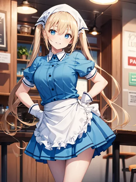 solo ,one girl , Hinata Kaho, twin tails, Headscarf , waitress, frilled, blue shirt, waist apron , puffy short sleeve, blue skirt, thigh , white gloves,
( closeup shot, best quality, high resolution, 4K, detailed lighting, shader,),
smiles,...