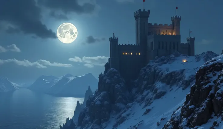 Fortress on top of the mountain,  at night,  over the light of the full moon , It snowed on the castle, sea in the background, Realistic style, (photorealistic), ( Masterpiece), UHD, 8k