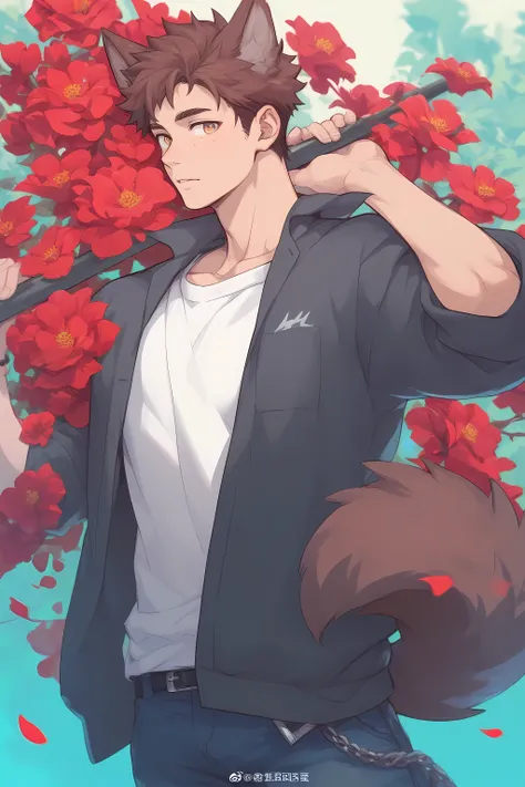 Male, short brown hair with wolf ears, casual sexy outfit with red flower details, wolf tail, freckles, male, strong alpha wolf male