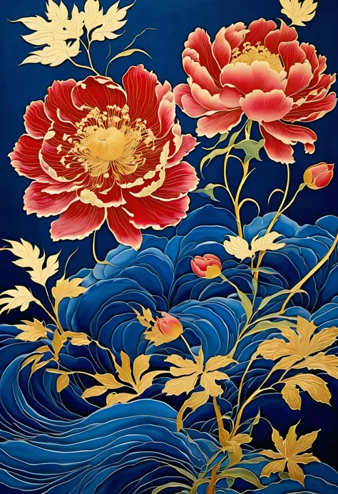 Made with traditional techniques, Japanese painting, gold paint, watercolor, glitter powder, shellfish, painted indigo flowers, gold paint flower painting, lacquer-e style, the folding screen installed in a temple in Kyoto is very beautiful., a painting st...