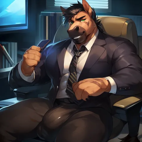 Solo, anthro, male (((equine, horse, green eyes, black pupils, muscular, big pecs, abs, thin waist, brown body, brown fur, black hair, black snout, black bottom lip, thick bottom lip, eye scar, lip scar, arm scars, business suit, black pants, tail, big bul...