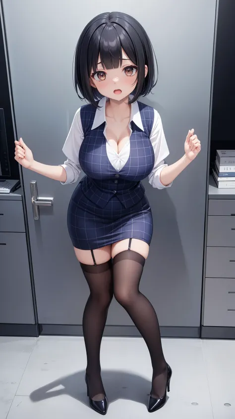 highest quality, Flying debris、Beautiful woman、officeレディー、Black Hair、(Brown eyes、Big Breasts、Blunt bangs)、short hair、チェック柄のダークブルーのofficeスーツ)、new employee,Full Body Shot、Female office lady、break(Dark blue checked vest、White dress shirt、Navy blue long tight ...