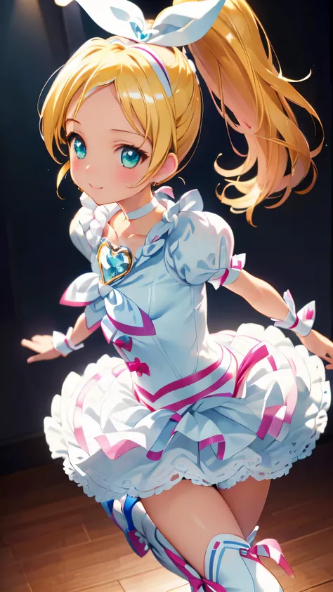 Cure the rhythm  ,  a girl,   fluffy hair  , blondes,   long ponytail  , forehead, white ribbon, white dress with frill and blue jwel, White chest strap、White wrist cuffs,   thighs, white boots with pink laces, white choker,  bright green eyes ,  transpare...