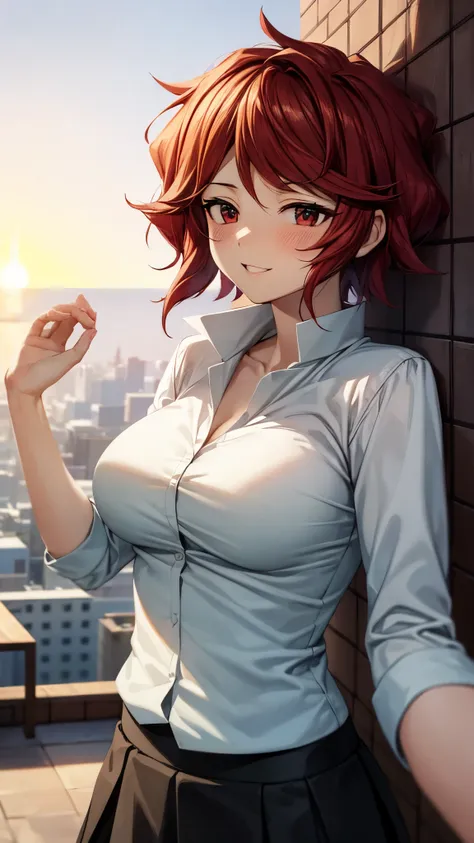 （Ultra High Quality,Ultra High Resolution,16k,super masterpiece,Ultra HD ,detailed shading and background,） upper body shot from below,one woman, Sexy White Shirts,胸の谷間,lattice pattern mini skirt,blush,smile,Open your lips a little,Rooftop with a sunset vi...