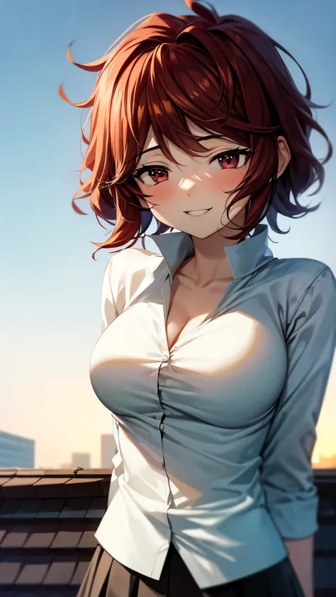 （Ultra High Quality,Ultra High Resolution,16k,super masterpiece,Ultra HD ,detailed shading and background,） upper body shot from below,one woman, Sexy White Shirts,胸の谷間,lattice pattern mini skirt,blush,smile,Open your lips a little,Rooftop with a sunset vi...