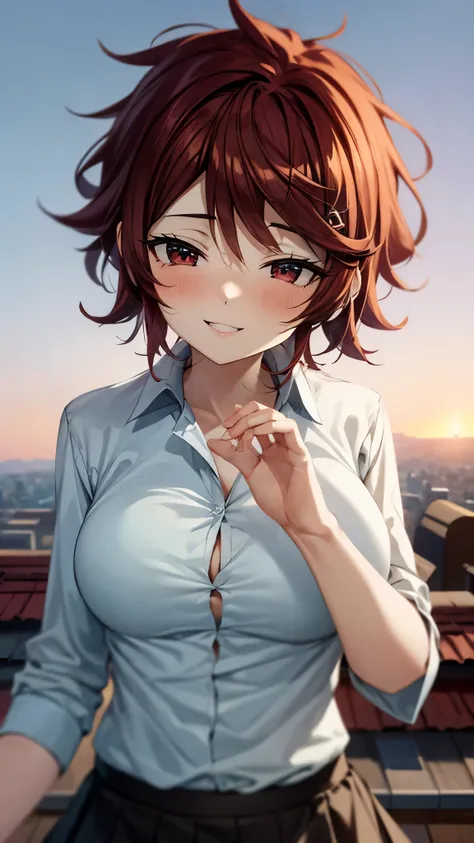 （Ultra High Quality,Ultra High Resolution,16k,super masterpiece,Ultra HD ,detailed shading and background,） upper body shot from below,one woman, Sexy White Shirts,胸の谷間,lattice pattern mini skirt,blush,smile,Open your lips a little,Rooftop with a sunset vi...