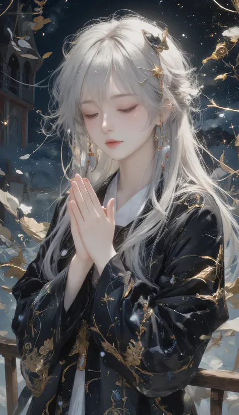 Get ready to immerse yourself in the enchanting world of Renaissance Slavic portraits , visible brushstrokes 、Bringing life to an impressive depiction of a young woman with silver hair and a constellation-patterned robe 。. while watching the surrounding...