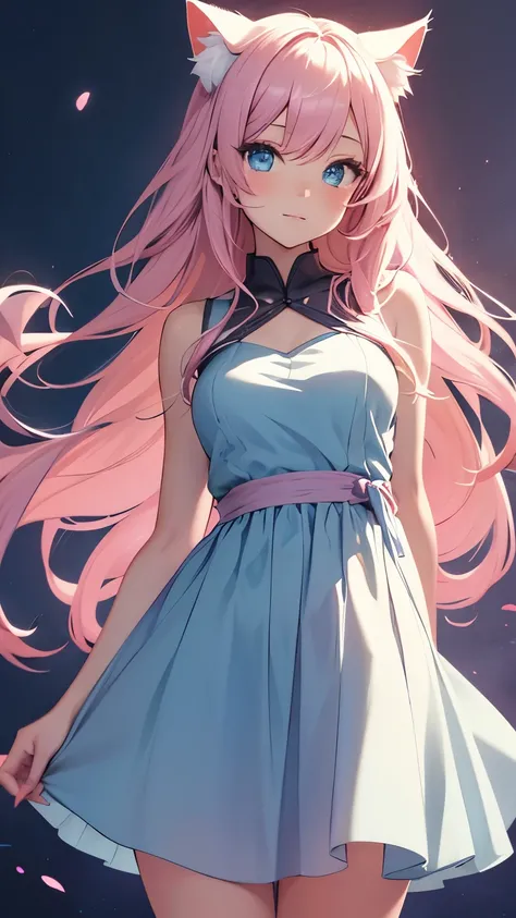 Anime girl character with soft pink, flowing hair, blue eyes with cat ears and wearing a dress, with a background
