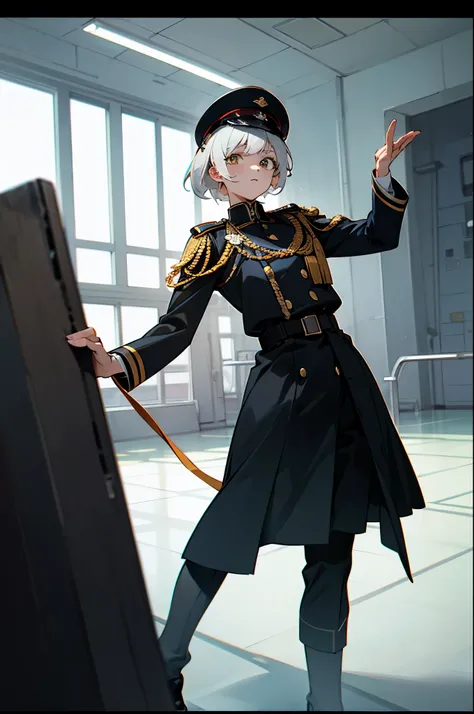 35-YEAR-OLD German General , black uniform dress with black military cap head cover, white haired, luminous white-eyed , in the background the interior of a military base black shoes athletic build. anime style
