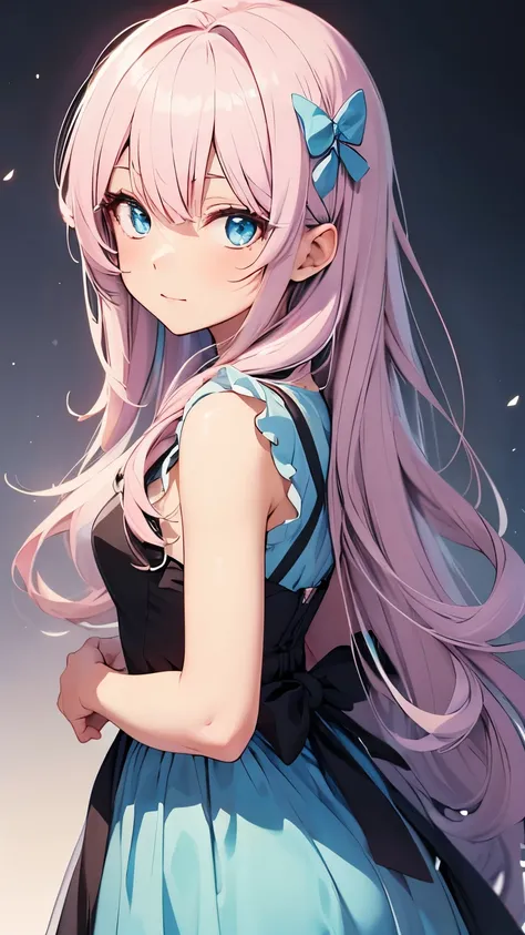 Anime girl character with soft pink, flowing hair, blue eyes and wearing a dress, with a background
