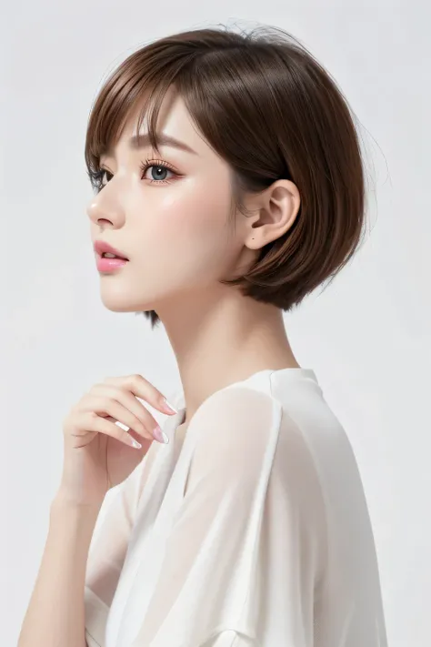 (Best Quality、table top、8k、best image quality、 Award-winning work )、((profile in landscape orientation from:1.4))、、(( short hair:1.46)),(brown hair)、( white casual clothes )、(Simplest pure white background:1.3)、(Perfectly fixed in front:1.1),( Portrait wit...