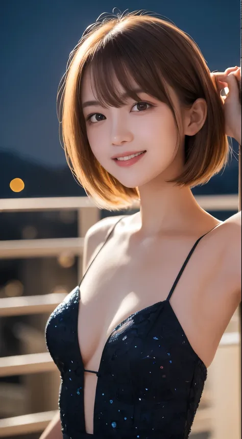 masterpiece, Best Quality, 8k, , , RAW photo,  absurd,  award winning portrait , smile, Alone, ( night :1.8),  idol face,  Delicate Girl, upper body, DSLR, viewers next to him,  ,  refined ,Thin arms, professional lighting, film grain,  Color Difference, (...