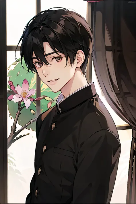 Japanese man handsome short dark-haired adult short cropped smile In the classroom window window windowの外は初spring spring Cherry Tree Shaved head Shaved head Shaved head Shaved head Black school run school uniform Black school run 顔がより大きくPortra...