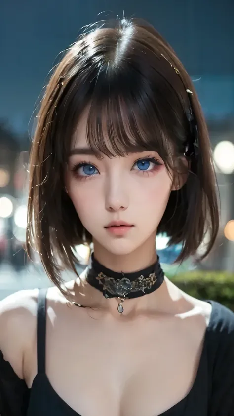 score_9, score_8_up, score_7_up,source_real, intricately detailed, masterpiece, best quality,
1girl, night, looking at viewer, asymmetrical bangs, blue eyes, black hair, straight hair, asymmetrical hair, layered hair, choker