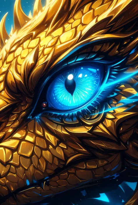 an close up picture of a gold dragon's head, its eye, there are blue flames in the retina, serpentine eye, 