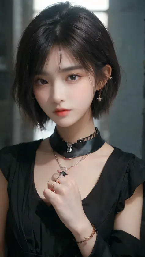 (( best quality、​masterpiece:1.3))、sharp:1.2、Perfect Body Beauty:1.4、((  with a layered hairstyle ))、( black dress:1.1)、(darkroom:1.2)、  extremely detailed face and skin textures 、 detailed eyes on board、(Locks:1.3)、 double eyelids、(( Short Hair))、 boyish ...