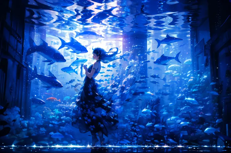 ((Blue hair long twin hair 1 girl:1.4))，(( blue eyes))、Full body solo shooting、(( in the sea:1.4))、seabed、deep sea、Floating in the sea、( splashes :1.3)、Lots of small fish、((Long Dress、bare feet))、Floating、A lot of bubbles、bubble、jellyfish、Jellyfish、Coral R...