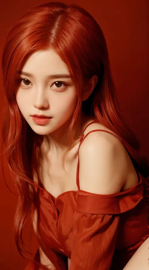 Girl with Red Hair, red dress, red theme, red background