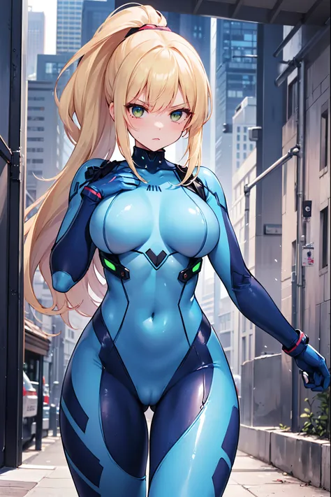 masterpiece, best quality, integrated scenery, integrated background, extremely delicate and beautiful, meticulous details, good composition, , cute face, perfect face, perfect hands,  BLAKE, 1girl, Samus Aran (\Metroid\) ,solo, ponytail, blond hair, (blue...